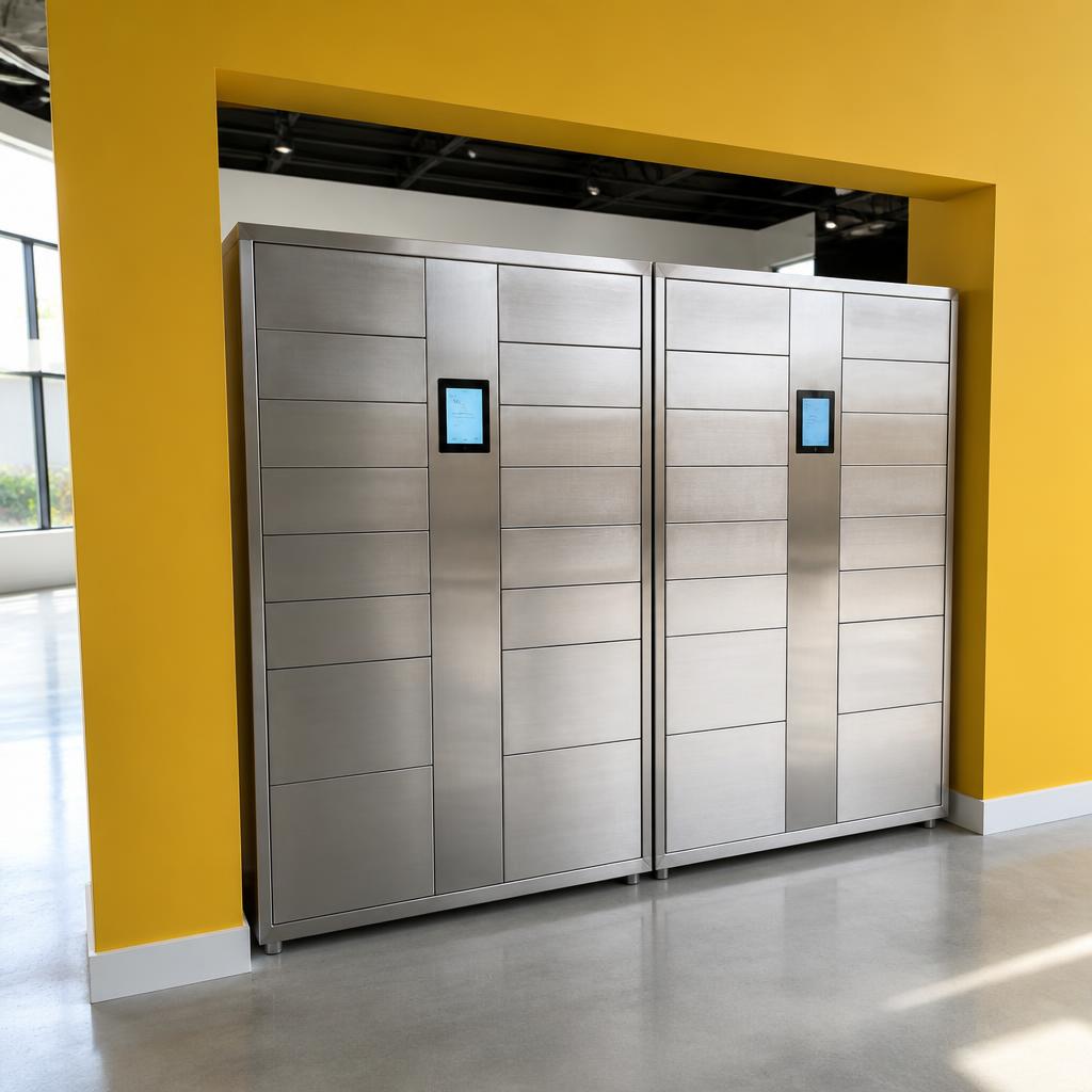 Dois módulos do locker 88BoxWay lado a lado, cada um com seu totem