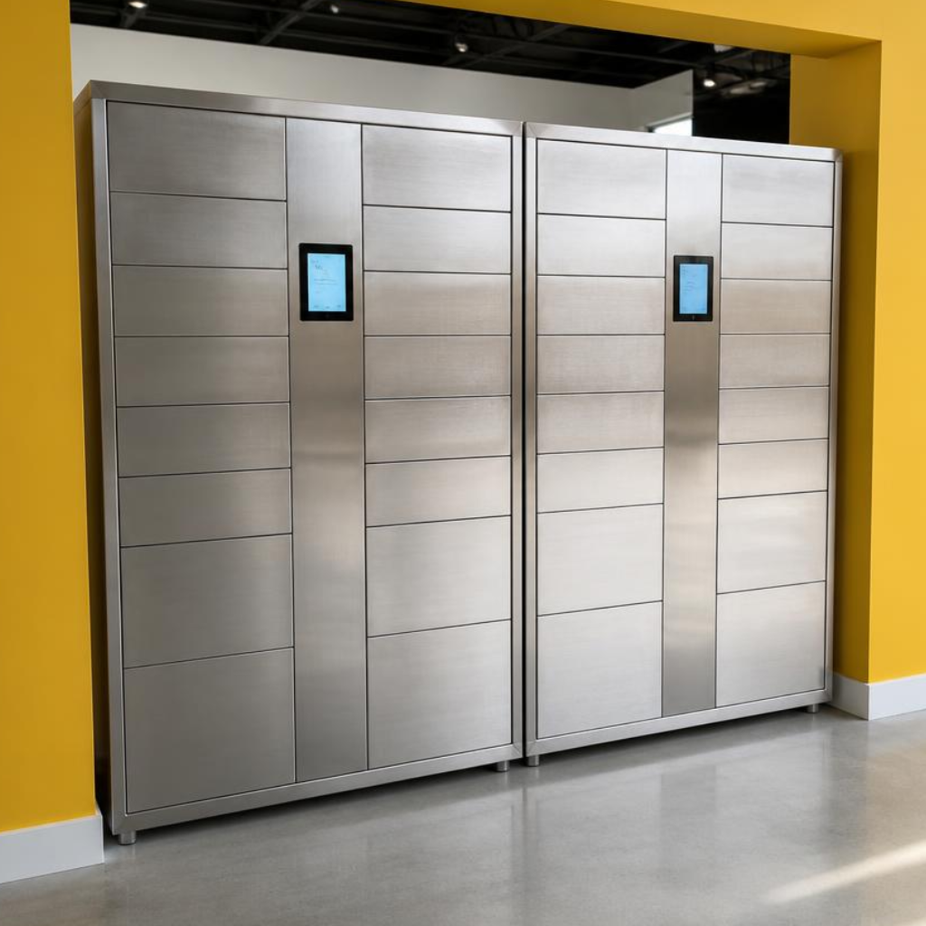 Locker 88BoxWay de aço inox com duas colunas de compartimentos e telas touch
