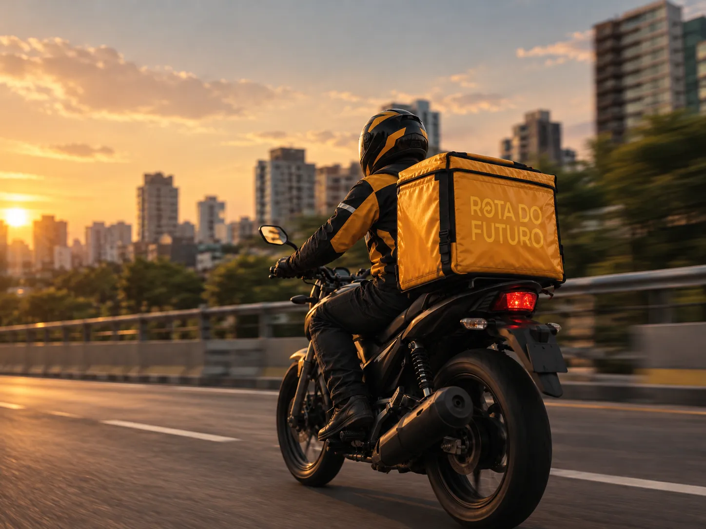 Motoboy de costas na moto, com a bag amarela de entrega, ao pôr do sol